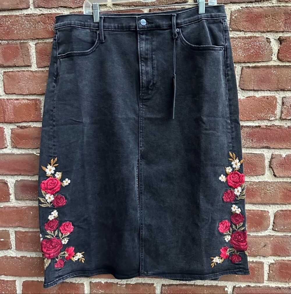 Driftwood Jeans $148 Piper Embroidered Skirt Lovers Lane Black denim Womens 18 N